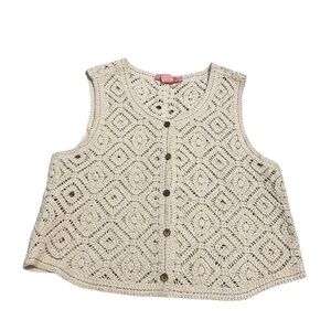 100% Cotton. Coco & Shay. Crochet Sleeveless Top with Button Front